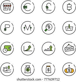 line vector icon set - duty free vector, euro, pound, bitcoin, ruble, monero, money search, basket, wallet time, growth arrow, open, bag, dollar