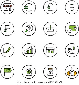line vector icon set - duty free vector, euro, pound, bitcoin, ruble, money search, basket, wallet time, growth arrow, store, ipo, bag, dollar