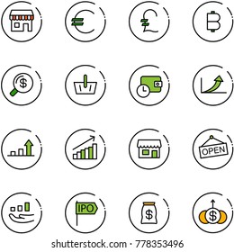 line vector icon set - duty free vector, euro, pound, bitcoin, money search, basket, wallet time, growth arrow, store, open, ipo, bag, dollar