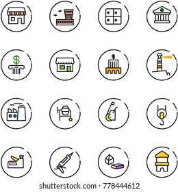 line vector icon set - duty free vector, airport building, baggage room, bank, store, lighthouse, plant, cocncrete mixer, winch, stapler, gun sealant, constructor blocks, toy block house