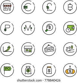 line vector icon set - duty free vector, euro, pound, bitcoin, ruble, monero, money search, wallet time, growth arrow, store, open, ipo, bag, dollar