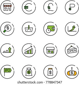 line vector icon set - duty free vector, euro, pound, ruble, money search, basket, wallet time, growth arrow, store, open, ipo, bag, dollar