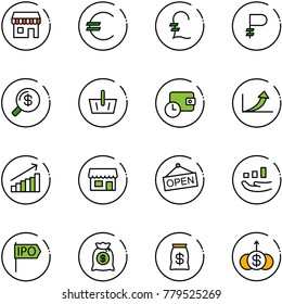 line vector icon set - duty free vector, euro, pound, ruble, money search, basket, wallet time, growth arrow, store, open, ipo, bag, dollar