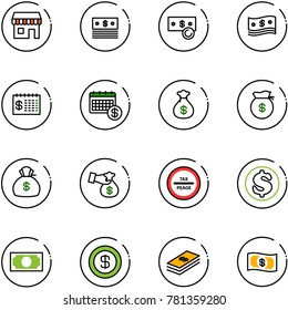 line vector icon set - duty free vector, dollar, cash, finance calendar, money bag, encashment, tax peage road sign