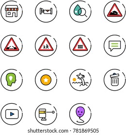line vector icon set - duty free vector, hotel, blood test, steep descent road sign, drawbridge, children, railway intersection, chat, head bulb, star medal, palm, trash bin, playback, laser lever