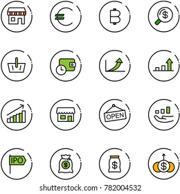 line vector icon set - duty free vector, euro, bitcoin, money search, basket, wallet time, growth arrow, store, open, ipo, bag, dollar