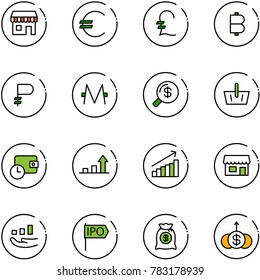 line vector icon set - duty free vector, euro, pound, bitcoin, ruble, monero, money search, basket, wallet time, growth arrow, store, ipo, bag, dollar