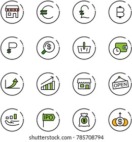 line vector icon set - duty free vector, euro, pound, bitcoin, ruble, money search, basket, wallet time, growth arrow, store, open, ipo, bag, dollar