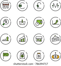 line vector icon set - duty free vector, euro, pound, monero, money search, basket, wallet time, growth arrow, store, open, ipo, bag, dollar