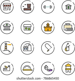 line vector icon set - duty free vector, airport building, barbell, bank, store, sand fort, sea hotel, lighthouse, plant, fretsaw, winch, stapler, construction helmet, constructor blocks