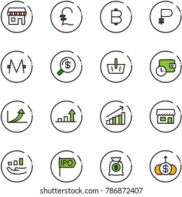 line vector icon set - duty free vector, pound, bitcoin, ruble, monero, money search, basket, wallet time, growth arrow, store, ipo, bag, dollar