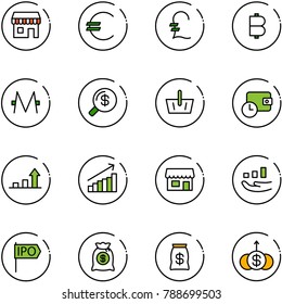 line vector icon set - duty free vector, euro, pound, bitcoin, monero, money search, basket, wallet time, growth arrow, store, ipo, bag, dollar