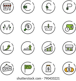 line vector icon set - duty free vector, euro, pound, ruble, monero, money search, basket, wallet time, growth arrow, store, open, ipo, bag, dollar
