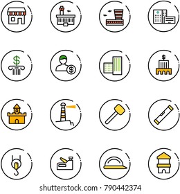 line vector icon set - duty free vector, airport building, hospital, bank, account, sand fort, lighthouse, rubber hammer, level, winch, stapler, construction helmet, toy block house