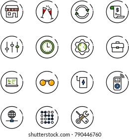 line vector icon set - duty free vector, wine glasses, exchange, account history, settings, time, gear globe, portfolio, statistics monitor, sunglasses, power bank, music player, circuit