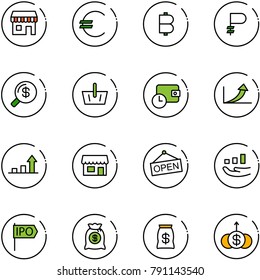 line vector icon set - duty free vector, euro, bitcoin, ruble, money search, basket, wallet time, growth arrow, store, open, ipo, bag, dollar