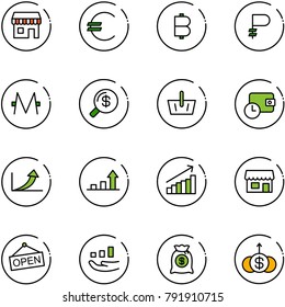 line vector icon set - duty free vector, euro, bitcoin, ruble, monero, money search, basket, wallet time, growth arrow, store, open, bag, dollar