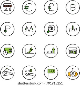 line vector icon set - duty free vector, euro, pound, bitcoin, ruble, monero, money search, basket, wallet time, growth arrow, store, open, ipo, dollar