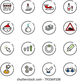 line vector icon set - duty free vector, candle, sleigh, wine, christmas elf, onion, dollar, climb road sign, cursor, arrows up, standby, highlight marker, palm, flower, check, toy car