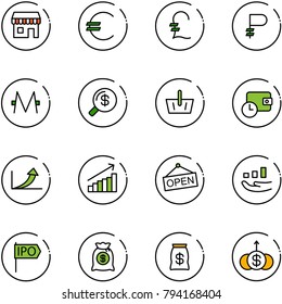 line vector icon set - duty free vector, euro, pound, ruble, monero, money search, basket, wallet time, growth arrow, open, ipo, bag, dollar