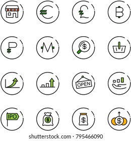 line vector icon set - duty free vector, euro, pound, bitcoin, ruble, monero, money search, basket, growth arrow, open, ipo, bag, dollar