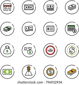 line vector icon set - duty free vector, dollar, cash, finance calendar, money bag, encashment, tax peage road sign