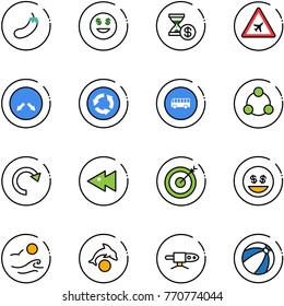 line vector icon set - eggplant vector, dollar smile, account history, airport road sign, detour, circle, bus, social, redo, fast backward, target, money, waves, dolphin, pipe welding, beach ball