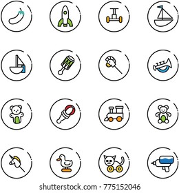 line vector icon set - eggplant vector, rocket, gyroscope, sailboat toy, beanbag, horse stick, horn, bear, train, unicorn, duck, cat, water gun