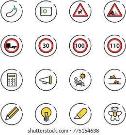 line vector icon set - eggplant vector, safe, wild animals road sign, gravel, no trailer, speed limit 30, 100, 110, calculator, speaker horn, beach, flip flops, pencil, bulb, work knife, bear toy