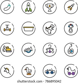 line vector icon set - eggplant vector, rocket, gold cup, gyroscope, basin, dinosaur toy, beanbag, excavator, horn, baby carousel, yoyo, unicorn stick, duck, car