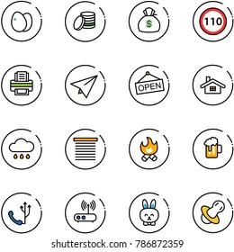 line vector icon set - eggs vector, coin, money bag, speed limit 110 road sign, printer, paper plane, open, home, rain cloud, jalousie, fire, beer, phone, wi fi router, toy rabbit, soother