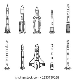 Line vector icon set elements of aerospace research program multistage rocket. Cartoon style rocket, astronaut adventure. Illustration, element for design. Space investigations. Galaxy. Clipart logo.