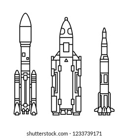 Line vector icon set elements of aerospace research program multistage rocket. Cartoon style rocket, astronaut adventure. Illustration, element for design. Space investigations. Galaxy. Clipart logo.