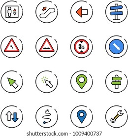 line vector icon set - elevator vector, escalator up, left arrow, road signpost sign, turn, rough, limited height, detour, cursor, map pin, down arrows, trip, navigation, wrench
