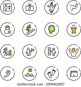 line vector icon set - elevator vector, terrorism, santa claus, power hand, manager, career, brain work, success, win, opportunity, flying man, reading, feet, swimsuit