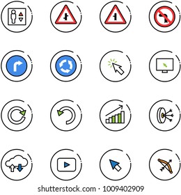 line vector icon set - elevator vector, intersection road sign, no left turn, only right, circle, cursor, monitor, reload, undo, growth, solution, cloud exchange data, playback, bow