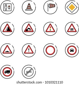 line vector icon set - elevator vector, road cone, side wind, main sign, landslide, embankment, traffic light, railway intersection, artificial unevenness, attention, prohibition, no car, truck