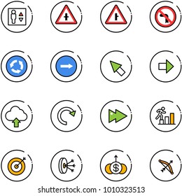 line vector icon set - elevator vector, intersection road sign, no left turn, circle, only right, cursor, arrow, upload cloud, redo, fast forward, career, target, solution, dollar growth, bow