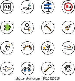 line vector icon set - elevator vector, drop hand, road signpost sign, no truck overtake, puzzle, winner, rock axe, rocket, flying man, rainbow, palm, woman hat, plane, car wireless, sledgehammer