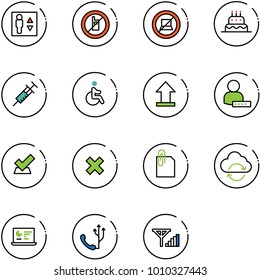 line vector icon set - elevator vector, no mobile sign, computer, cake, syringe, disabled, uplooad, user password, check, delete cross, attachment, refresh cloud, statistics monitor, phone