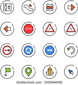 line vector icon set - elevator vector, escalator down, sign post, right arrow, left, stop road, turn, no overtake, circle, only, undo, flag, map pin, arrows up, cursor