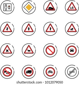 line vector icon set - elevator vector, main road sign, climb, children, intersection, railway, cow, prohibition, no car, horn, truck, bike, end overtake limit