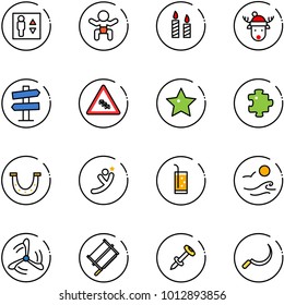 line vector icon set - elevator vector, baby, candle, christmas deer hat, road signpost sign, multi lane traffic, star, puzzle, luck, flying man, drink, waves, wind mill, bucksaw, nail dowel, sickle