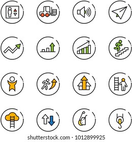line vector icon set - elevator vector, fork loader, volume max, paper plane, growth arrow, career, success, arrows up, opportunity, cloud ladder, down, winch