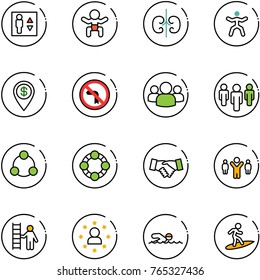 line vector icon set - elevator vector, baby, kidneys, gymnastics, dollar pin, no left turn road sign, group, social, friends, agreement, team leader, opportunity, star man, swimming, surfing