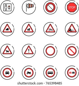 line vector icon set - elevator vector, side wind, prohibition road sign, stop, tractor way, railway intersection, gravel, cow, attention, no car, moto, bus, overtake
