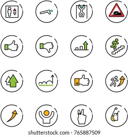 line vector icon set - elevator vector, push ups, pull, climb road sign, like, dislike, growth arrow, career, up, finger, success, victory, winch
