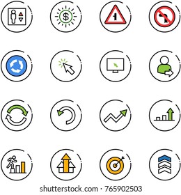 line vector icon set - elevator vector, dollar sun, intersection road sign, no left turn, circle, cursor, monitor, user login, refresh, undo, growth arrow, career, arrows up, target, chevron