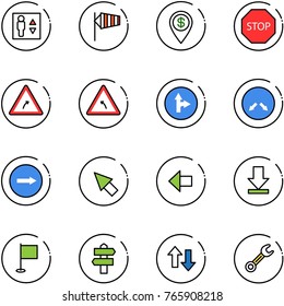 line vector icon set - elevator vector, side wind, dollar pin, stop road sign, turn right, left, only forward, detour, cursor, arrow, download, flag, signpost, up down arrows, wrench