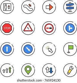 line vector icon set - elevator vector, escalator down, right arrow, road signpost sign, stop, turn left, no overtake, only forward, detour, cursor, flag, arrows up, map pin, wrench